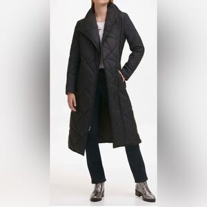 Karl Lagerfeld Paris Asymmetrical Quilted Coat in Black, size small.